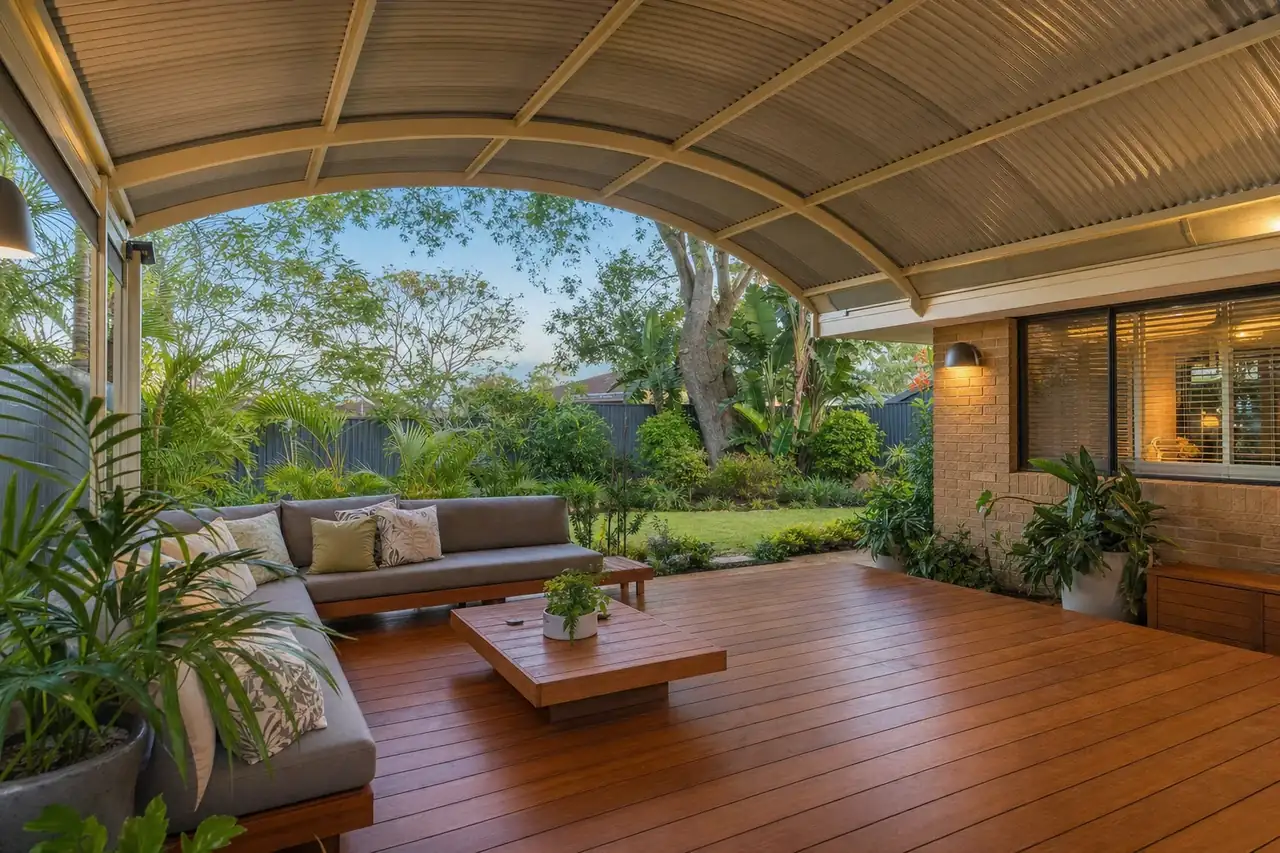 Dome patio over a timber deck with outdoor lounge and greenery