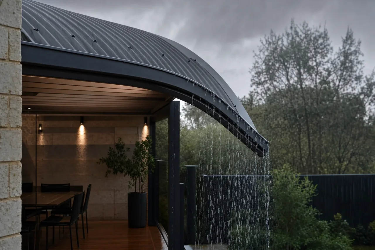 Rain shedding cleanly off a curved dome patio roof