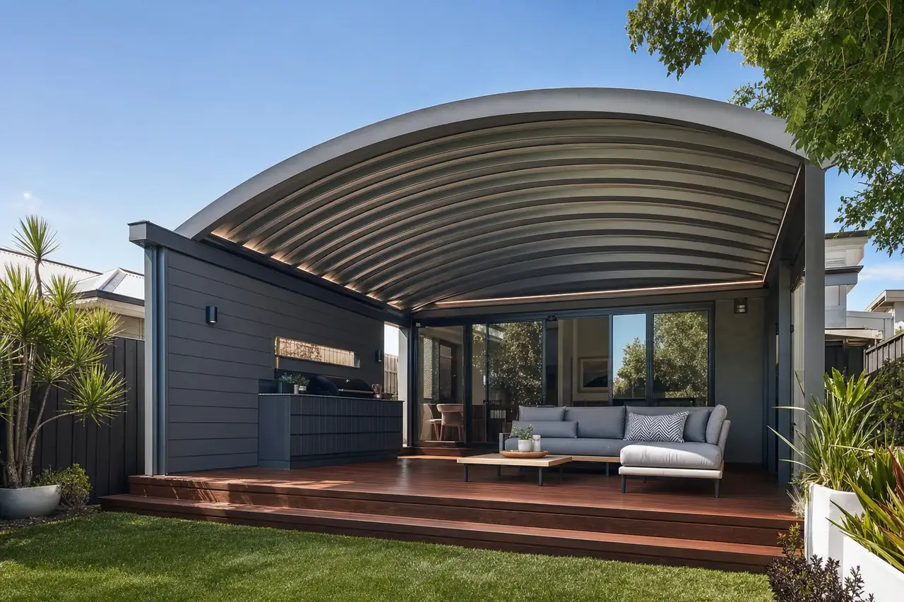 Side-by-side dome and flat Colorbond patio roofs on Perth homes